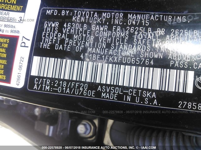 4T1BF1FKXFU065764 - 2015 TOYOTA CAMRY LE/XLE/SE/XSE BLACK photo 9