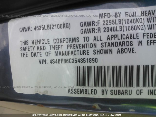 4S4BP86C354351890 - 2005 SUBARU LEGACY OUTBACK H6 R LL BEAN BLUE photo 9