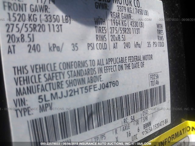 5LMJJ2HT5FEJ04760 - 2015 LINCOLN NAVIGATOR 黑色 照片 9