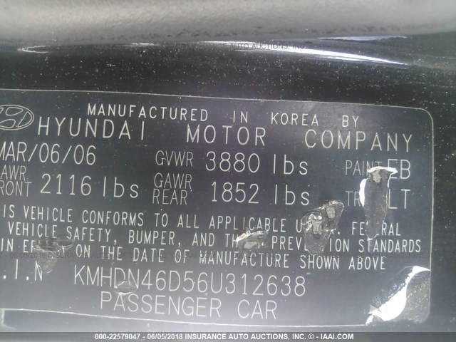 KMHDN46D56U312638 - 2006 HYUNDAI ELANTRA GLS/GT/LIMITED BLACK photo 9