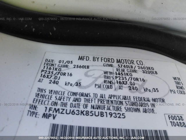 1FMZU63K85UB19325 - 2005 FORD EXPLORER XLT/XLT SPORT/NBX 白色 照片 9