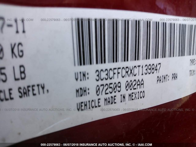 3C3CFFCRXCT139847 - 2012 FIAT 500 LOUNGE RED photo 9