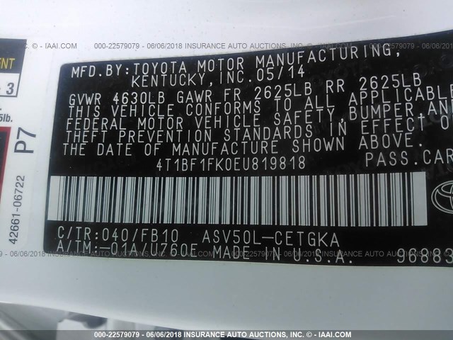 4T1BF1FK0EU819818 - 2014 TOYOTA CAMRY L/SE/LE/XLE თეთრი ფოტო 9