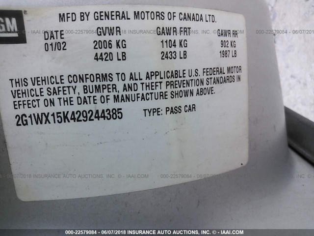 2G1WX15K429244385 - 2002 CHEVROLET MONTE CARLO SS GRAY photo 9