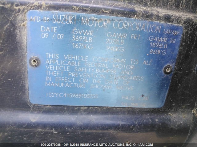 JS2YC415985103255 - 2008 SUZUKI SX4 CONVENIENCE/TOURING BLUE photo 9