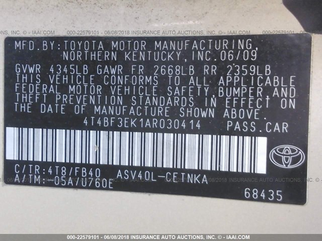 4T4BF3EK1AR030414 - 2010 TOYOTA CAMRY SE/LE/XLE 金色 照片 9