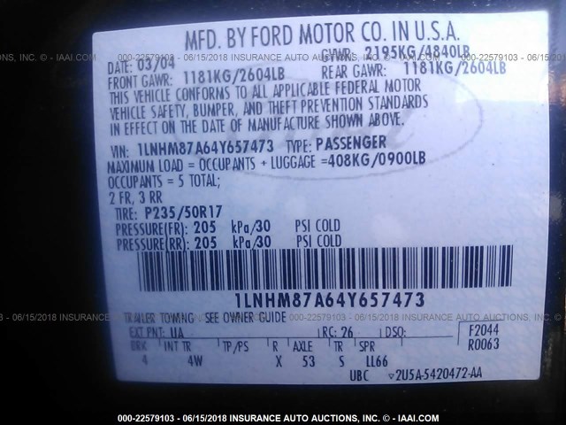1LNHM87A64Y657473 - 2004 LINCOLN LS BLACK photo 9