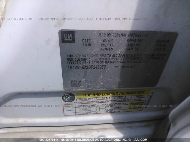 1G1ZE5E73BF245959 - 2011 CHEVROLET MALIBU LTZ 白色 照片 9