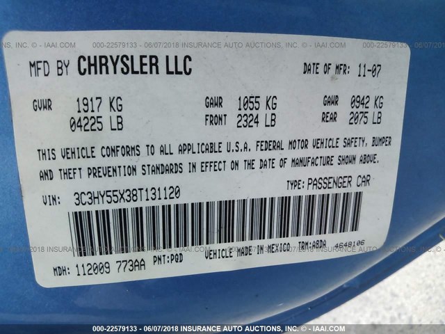 3C3HY55X38T131120 - 2008 CHRYSLER PT CRUISER TOURING BLUE photo 9