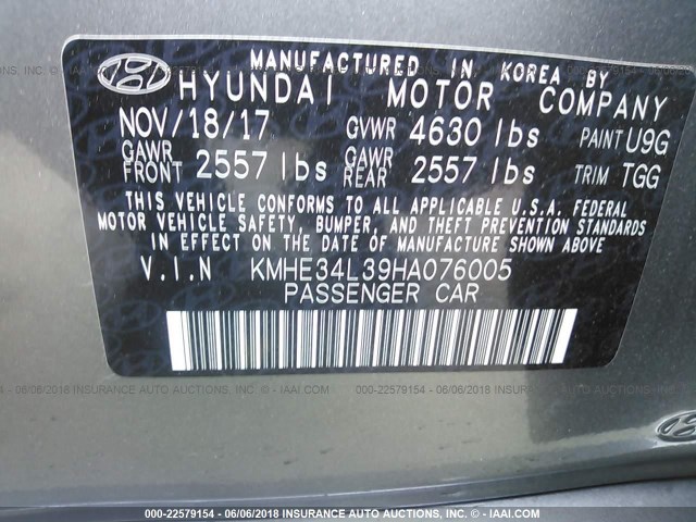 KMHE34L39HA076005 - 2017 HYUNDAI SONATA HYBRID/LIMITED GRAY photo 9