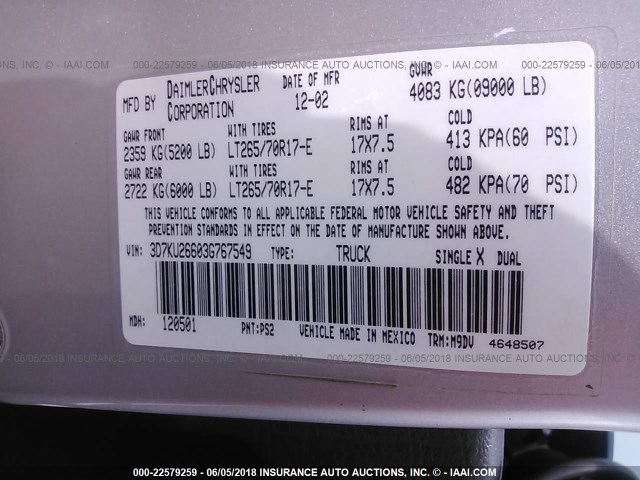3D7KU26603G767549 - 2003 DODGE RAM 2500 ST/SLT 银色 照片 9