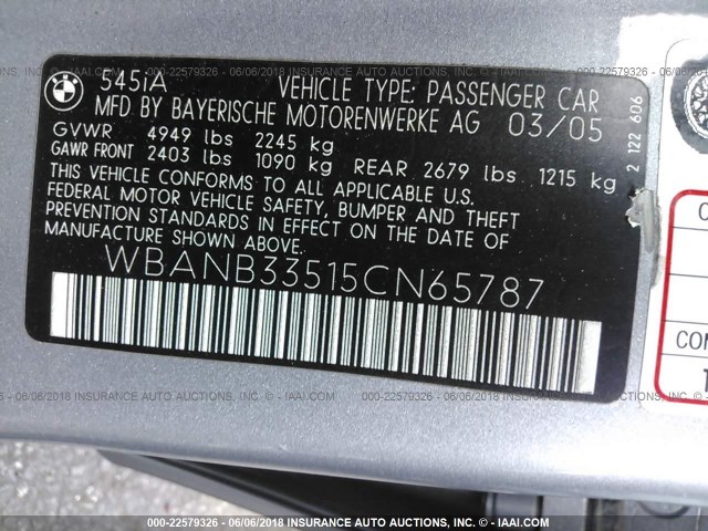 WBANB33515CN65787 - 2005 BMW 545 I SILVER photo 9