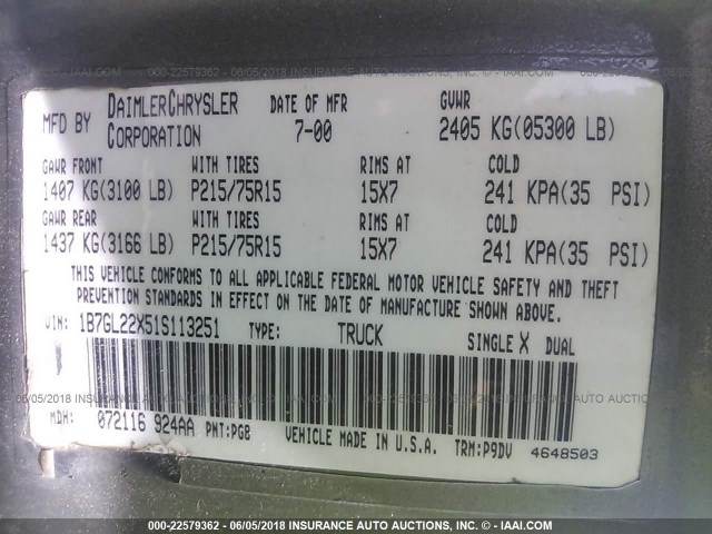 1B7GL22X51S113251 - 2001 DODGE DAKOTA GRAY photo 9