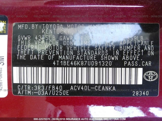 4T1BE46K87U091320 - 2007 TOYOTA CAMRY NEW GENERAT CE/LE/XLE/SE RED photo 9