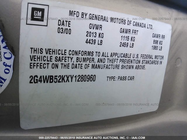 2G4WB52KXY1280960 - 2000 BUICK REGAL LS 棕色 照片 9