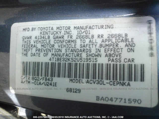 4T1BE32K52U519515 - 2002 TOYOTA CAMRY LE/XLE/SE 蓝色 照片 9