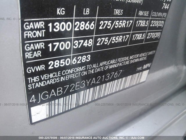 4JGAB72E3YA213767 - 2000 MERCEDES-BENZ ML 430 银色 照片 9