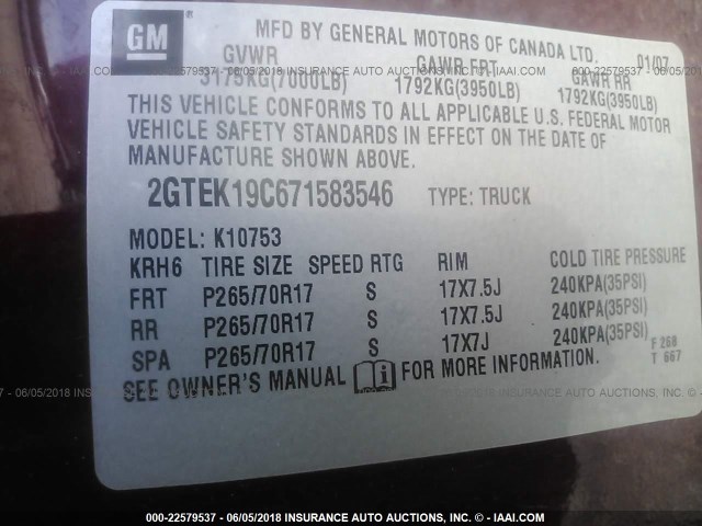 2GTEK19C671583546 - 2007 GMC NEW SIERRA K1500 BURGUNDY photo 9