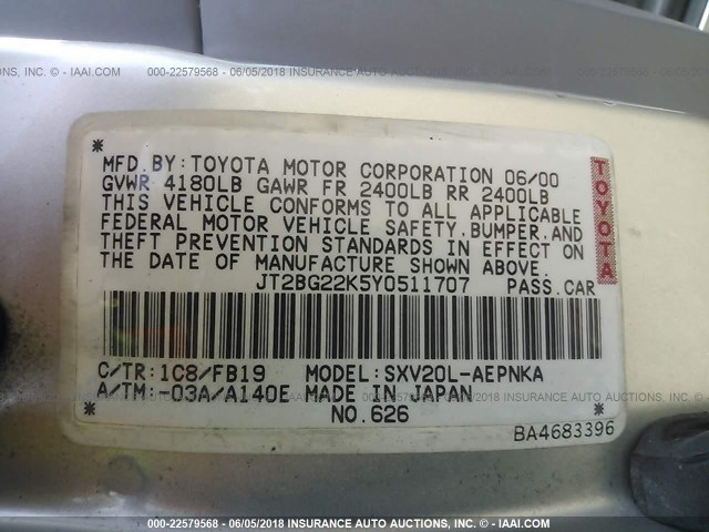 JT2BG22K5Y0511707 - 2000 TOYOTA CAMRY CE/LE/XLE 银色 照片 9