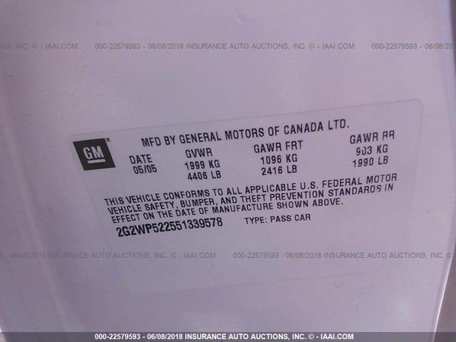 2G2WP522551339578 - 2005 PONTIAC GRAND PRIX WHITE photo 9