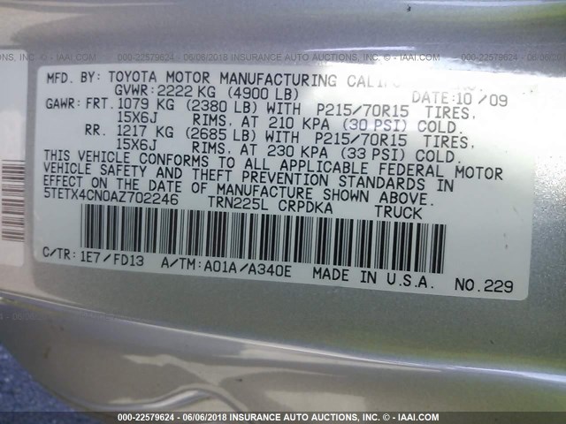 5TETX4CN0AZ702246 - 2010 TOYOTA TACOMA ACCESS CAB Silber Foto 9