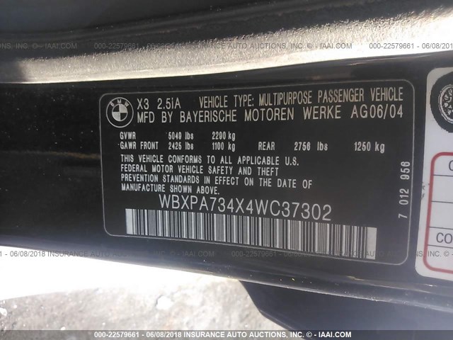 WBXPA734X4WC37302 - 2004 BMW X3 2.5I BLACK photo 9