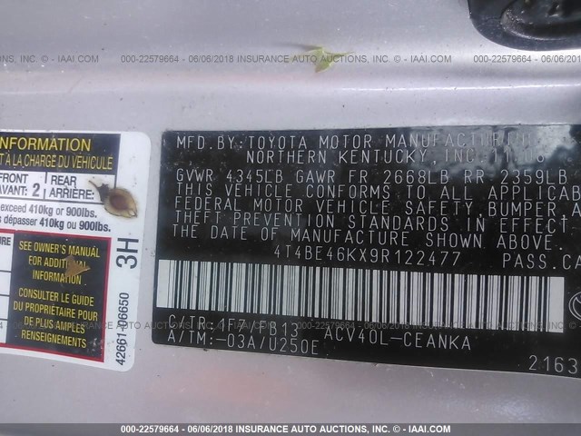 4T4BE46KX9R122477 - 2009 TOYOTA CAMRY SE/LE/XLE SILVER photo 9