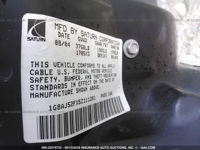 1G8AJ52FX5Z111281 - 2005 SATURN ION LEVEL 2 SILVER photo 9