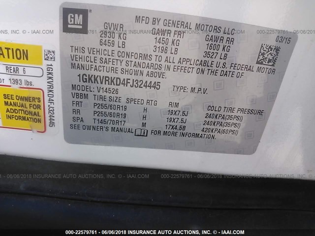 1GKKVRKD4FJ324445 - 2015 GMC ACADIA SLT-1 WHITE photo 9