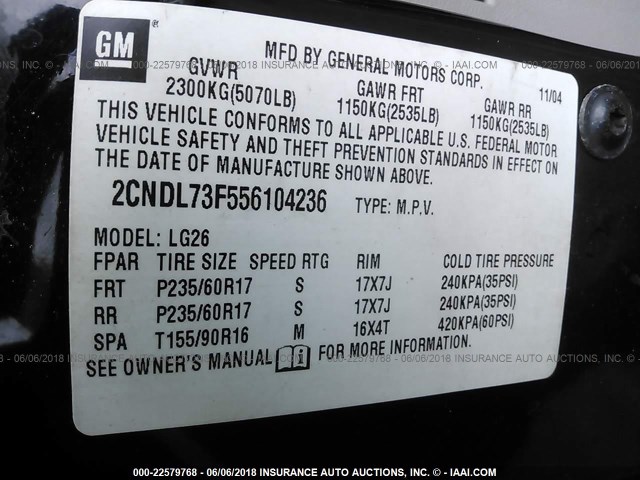 2CNDL73F556104236 - 2005 CHEVROLET EQUINOX LT BLACK photo 9