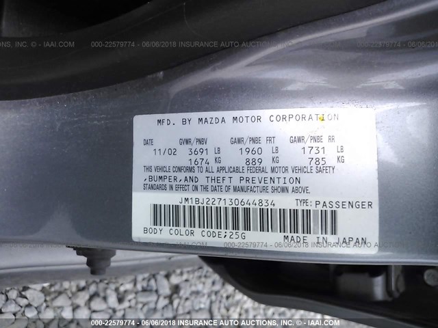 JM1BJ227130644834 - 2003 MAZDA PROTEGE SPEED GRAY photo 9