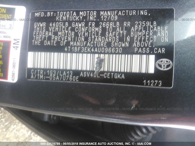 4T1BF3EK4AU096630 - 2010 TOYOTA CAMRY SE/LE/XLE 灰色 照片 9