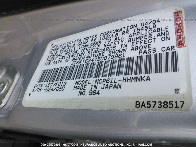 JTKKT624750079881 - 2005 TOYOTA SCION XA SILVER photo 9