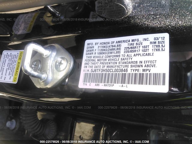 5J6TF3H50CL003846 - 2012 HONDA CROSSTOUR EXL BLACK photo 9