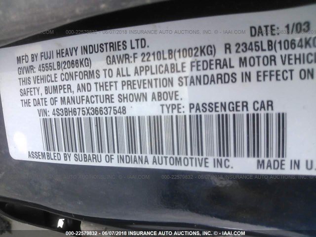 4S3BH675X36637548 - 2003 SUBARU LEGACY OUTBACK AWP 蓝色 照片 9