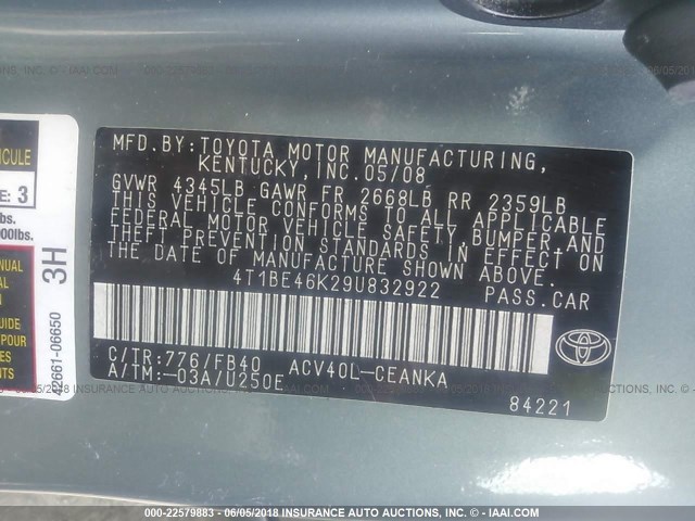 4T1BE46K29U832922 - 2009 TOYOTA CAMRY SE/LE/XLE 绿色 照片 9