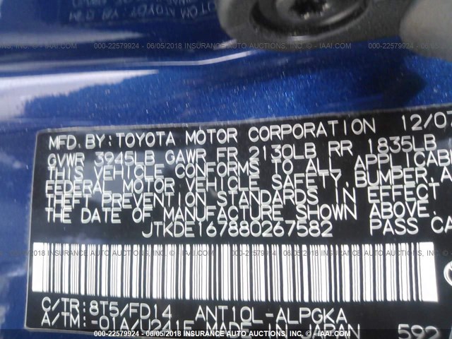 JTKDE167880267582 - 2008 TOYOTA SCION TC 蓝色 照片 9
