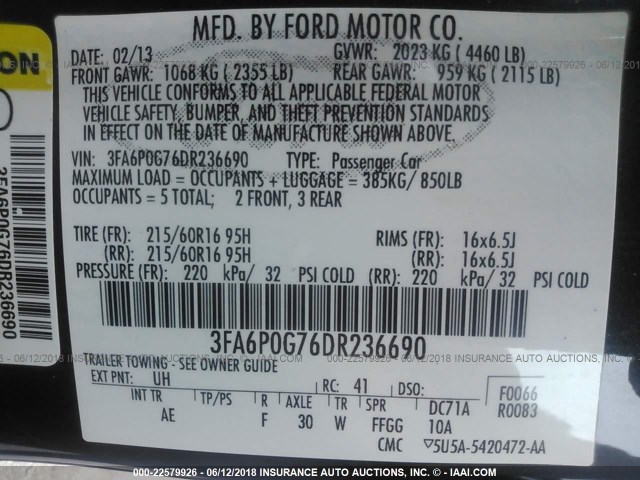 3FA6P0G76DR236690 - 2013 FORD FUSION S BLACK photo 9