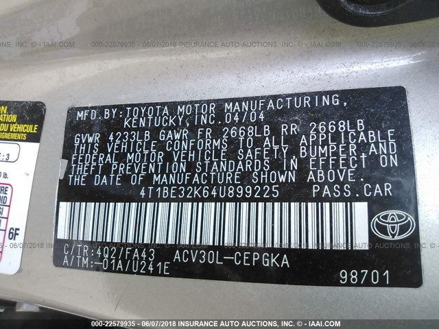 4T1BE32K64U899225 - 2004 TOYOTA CAMRY LE/XLE/SE თაფლისფერი ფოტო 9