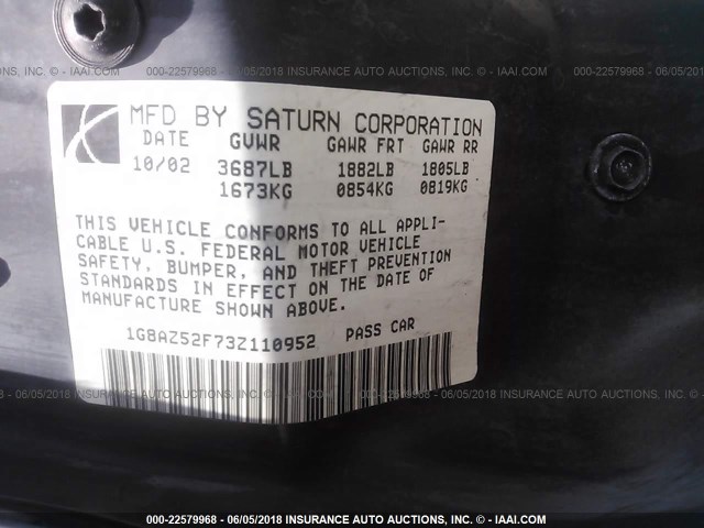 1G8AZ52F73Z110952 - 2003 SATURN ION LEVEL 2 SILVER photo 9