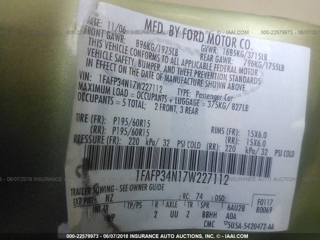 1FAFP34N17W227112 - 2007 FORD FOCUS ZX4/S/SE/SES 绿色 照片 9