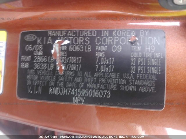 KNDJH741595016073 - 2009 KIA BORREGO LX/EX ORANGE photo 9