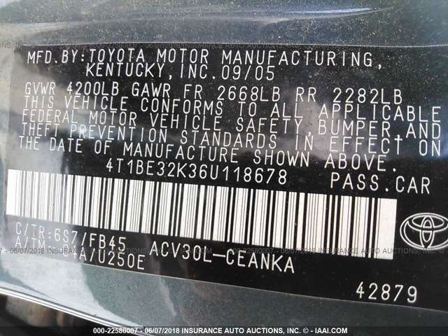 4T1BE32K36U118678 - 2006 TOYOTA CAMRY LE/XLE/SE 绿色 照片 9