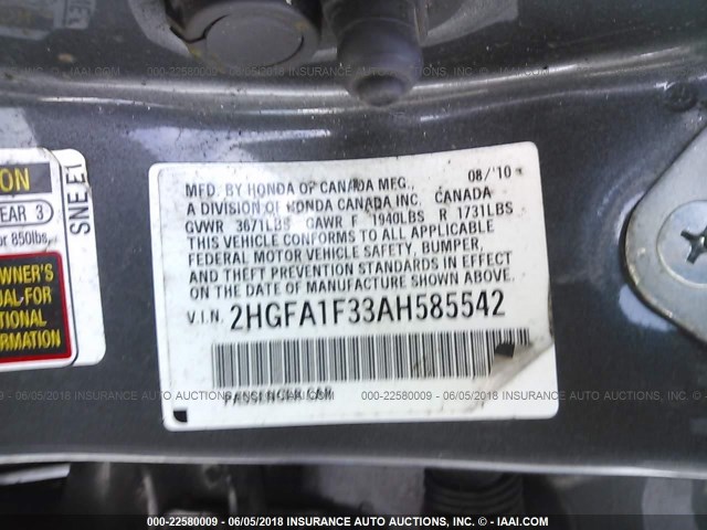 2HGFA1F33AH585542 - 2010 HONDA CIVIC VP GRAY photo 9