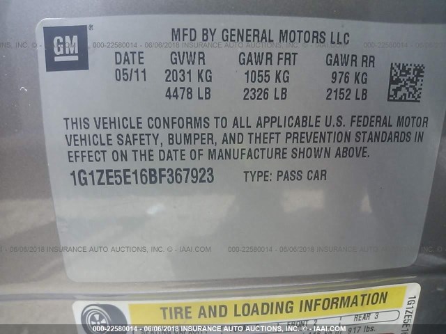 1G1ZE5E16BF367923 - 2011 CHEVROLET MALIBU LTZ 棕色 照片 9