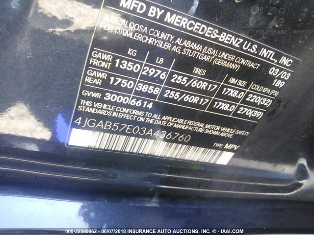 4JGAB57E03A436760 - 2003 MERCEDES-BENZ ML 350 BLUE photo 9