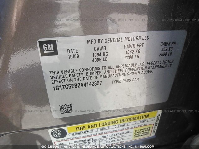 1G1ZC5EB2A4142357 - 2010 CHEVROLET MALIBU 1LT 灰色 照片 9