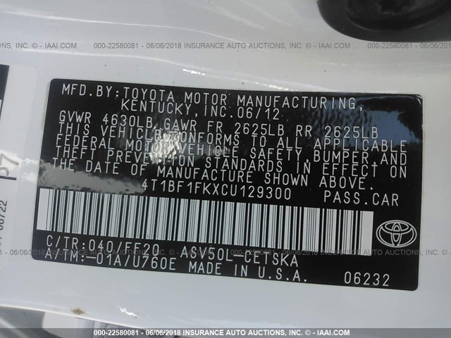 4T1BF1FKXCU129300 - 2012 TOYOTA CAMRY SE/LE/XLE WHITE photo 9