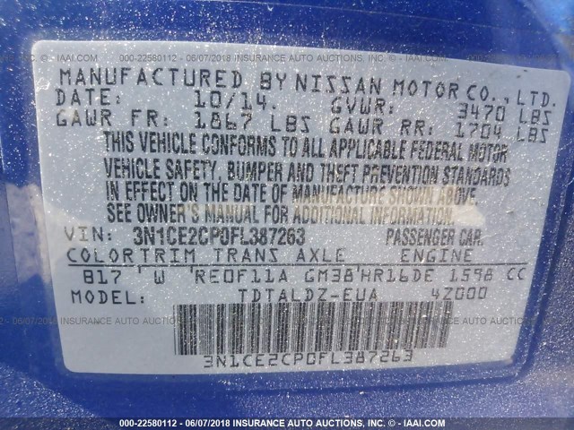 3N1CE2CP0FL387263 - 2015 NISSAN VERSA NOTE S/S PLUS/SV/SL/SR BLUE photo 9