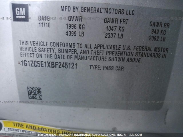 1G1ZC5E1XBF245121 - 2011 CHEVROLET MALIBU 1LT 银色 照片 9